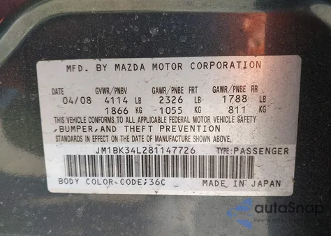 2008 Mazda Mazdaspeed3 Grand Touring z USA, uszkodzony, nr VIN JM1BK34L281147726